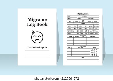 Migraine journal interior. Migraine pain tracker and medication planner notebook template. Interior of a logbook. Headache medication planner and migraine pain tracker logbook interior.