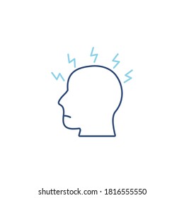 Migraine linear blue icon. Human head with lightning bolt flu symptom concept. Headache line symbol. Stress vector illustration isolated on white