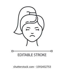 Migraine linear icon. Emotional expression on female face. Sadness and low mood. Predmenstrual syndrome. Thin line illustration. Contour symbol. Vector isolated outline drawing. Editable stroke