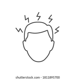 Icono lineal migraña. La cabeza humana con el concepto de síntoma de gripe por perno relámpago. Símbolo de la línea de dolor de cabeza. Ilustración vectorial de estrés aislada en blanco