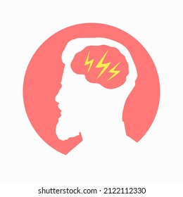 Migraine linear icon. Human head with lightning bolt. Thunderclap head. Temple pressure, pain. Flu symptom. outline symbol. Vector illustration isolated outline drawing in red and yellow color
