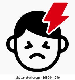 Migraine linear icon. Sick icon. Thin line illustration. Human head with lightning bolt. Thunderclap headache. Temple pressure, pain. Flu symptom. Vector icon.
