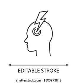 Migraine linear icon. Thin line illustration. Human head with lightning bolt. Thunderclap headache. Temple pressure, pain. Flu symptom. Contour symbol. Vector isolated outline drawing. Editable stroke