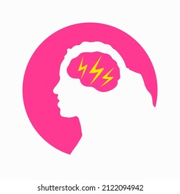 Migraine linear icon. Woman head with lightning bolt. Thunderclap head. Temple pressure, pain. Flu symptom. outline symbol. Vector illustration isolated outline drawing in pink color