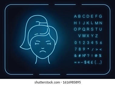 Migraine neon light icon. Girl with headache. Emotional expression on female face. Sadness. Predmenstrual syndrome. Glowing sign with alphabet, numbers and symbols. Vector isolated illustration