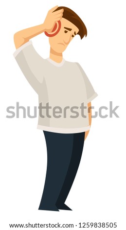 Migraine problems with pain in head headaches of person vector male suffering from disease with bolts of agony concentrated in one locum human with illness trying to get better holding with hands.