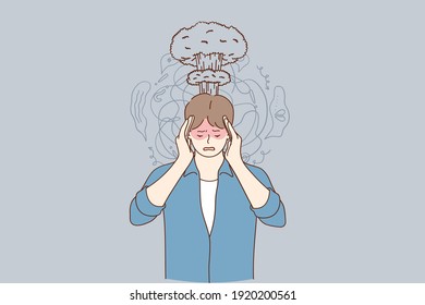 Migraine, stress, headache concept. Frustrated stressed man suffering from headache holding hands on head temples having anxiety problems, dementia disease vector illustration