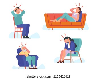 Migraine sufferers. People tired of headaches. Men and women hold on to heads. Illness symptom. Hangover or disease. Males and females exhausted of aches. Vector