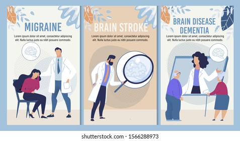 Migraine, Terrible Headache, Brain Stroke, Dementia Diagnosis Disease Therapy for Adult and Retired People. Webpage Banner Set for Online Medical Consultative Service. Vector Cartoon Flat Illustration