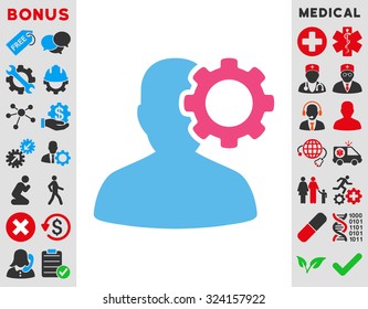 Migraine vector icon. Style is bicolor flat symbol, pink and blue colors, rounded angles, white background.
