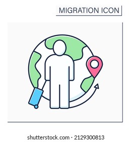 Migrant color icon. Person who moves from one place to another.Find work or better living conditions.Migration concept. Isolated vector illustration