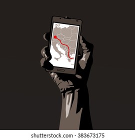 Migrant crisis and hope - immigrant / refugee holds his smartphone, phone shows map and route to Germany from Middle East