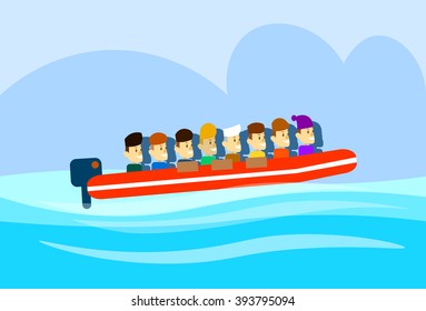 Migrant Crisis People Group Emigrant Motor Boat Sail In Sea Emigration Concept Flat Vector Illustration