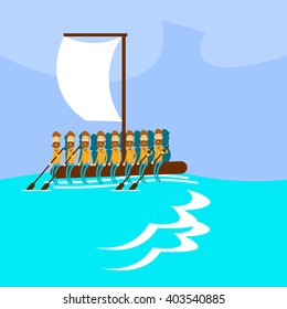 Migrant Crisis People Group Emigrant Hand Made Boat Sail In Sea Emigration Concept Flat Vector Illustration