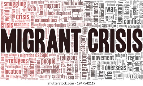 Migrant crisis vector illustration word cloud isolated on a white background.