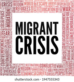 Migrant crisis vector illustration word cloud isolated on a white background.