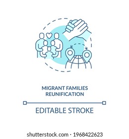 Migrant families reunification blue concept icon. Parents with children together abroad. Immigrant worker rights idea thin line illustration. Vector isolated outline RGB color drawing. Editable stroke