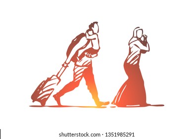 Migrant, family, children, illegal, bags concept. Hand drawn Muslim family migrants with bags concept sketch. Isolated vector illustration.