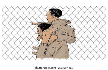Migrant father and son waiting at fenced border line