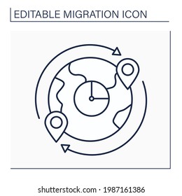 Icono de línea de flujo migrante. Número de migrantes cruzando la frontera. Ingresar o salir de un país determinado durante el período de tiempo.Concepto de migración. Ilustración vectorial aislada. Trazo editable