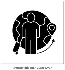 Migrant glyph icon. Person who moves from one place to another.Find work or better living conditions.Migration concept.Filled flat sign. Isolated silhouette vector illustration