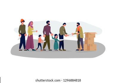 Migrant people in queue for humanitarian aid. Refugees get into Europe isolated on white background. Flat Art Vector illustration