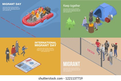 Migrant refugee banner set. Isometric set of migrant refugee vector banner for web design