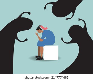 Migrant woman is frightened, shocked and anxious. Flat vector stock illustration is isolated. Mental problems, fears, horror. PTSD Concept, Scary Shadows