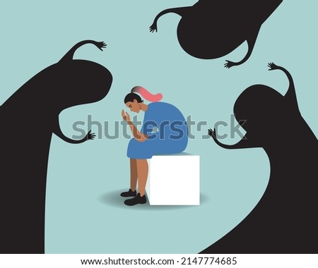 Migrant woman is frightened, shocked and anxious. Flat vector stock illustration is isolated. Mental problems, fears, horror. PTSD Concept, Scary Shadows