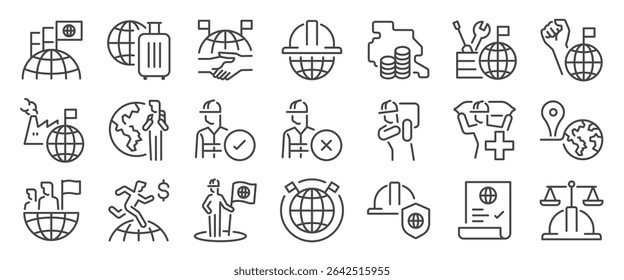 conjunto de ícones de trabalhador migrante. Ele incluía trabalhadores estrangeiros, mão de obra, país, realocação, local e mais ícones. Traçado de vetor editável.