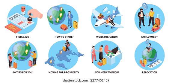 Migrant workers compositions set with tips and start symbols isometric isolated vector illustration