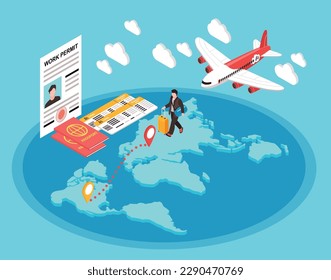 Migrant workers concept with emigration and relocation symbols isometric vector illustration