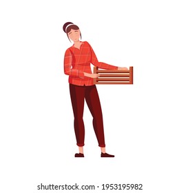 Migrant workers flat composition with female character with wooden box for collecting fruits vector illustration