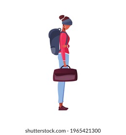 Trabajadores migrantes composición plana con el personaje femenino parado con la mochila y la ilustración portadora de bolsos