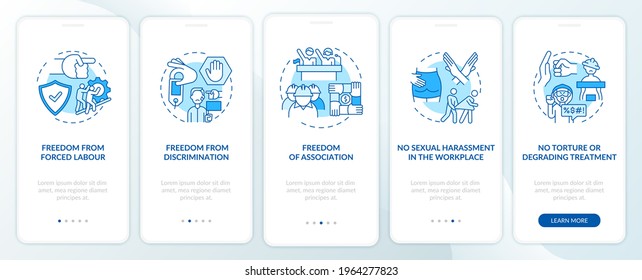 Migrant workers freedoms blue onboarding mobile app page screen with concepts. Immigrant rights walkthrough 5 steps graphic instructions. UI, UX, GUI vector template with linear color illustrations
