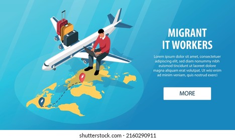 Migrant workers isometric horizontal banner with IT specialist working on laptop plane suitcases 3d vector illustration