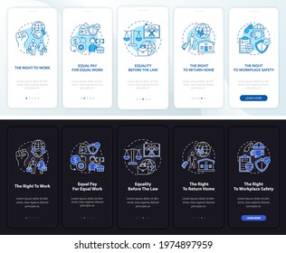 Migrant workers onboarding mobile app page screen with concepts. Immigrant walkthrough 5 steps graphic instructions. UI, UX, GUI vector template with linear night and day mode illustrations