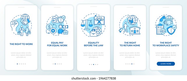 Migrant workers rights blue onboarding mobile app page screen with concepts. Immigrant walkthrough 5 steps graphic instructions. UI, UX, GUI vector template with linear color illustrations