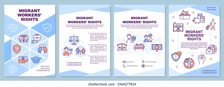 Migrant workers rights brochure template. Immigrant family support. Flyer, booklet, leaflet print, cover design with linear icons. Vector layouts for presentation, annual reports, advertisement pages