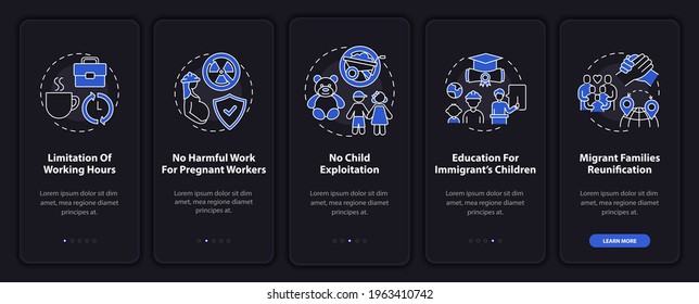 Migrant workers rights onboarding mobile app page screen with concepts. Immigrants walkthrough 5 steps graphic instructions. UI, UX, GUI vector template with linear night mode illustrations