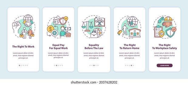 Migrant Workers Rights Onboarding Mobile App Page Screen With Concepts. Immigrant Walkthrough 5 Steps Graphic Instructions. UI, UX, GUI Vector Template With Linear Color Illustrations