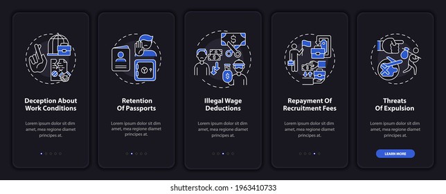 Migrant workers rights violation onboarding mobile app page screen with concepts. Work walkthrough 5 steps graphic instructions. UI, UX, GUI vector template with linear night mode illustrations