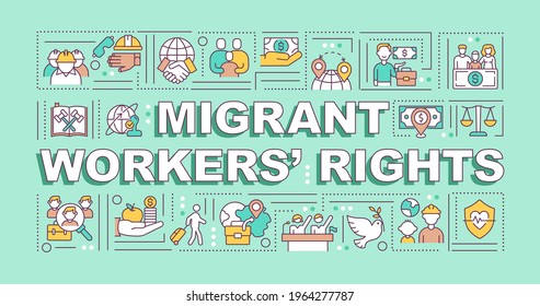 Migrant workers rights word concepts banner. Legal employment for immigrants. Infographics with linear icons on turquoise background. Isolated typography. Vector outline RGB color illustration