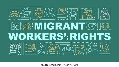 Migrant workers rights word concepts banner. Legal employment for immigrants. Infographics with linear icons on green background. Isolated typography. Vector outline RGB color illustration