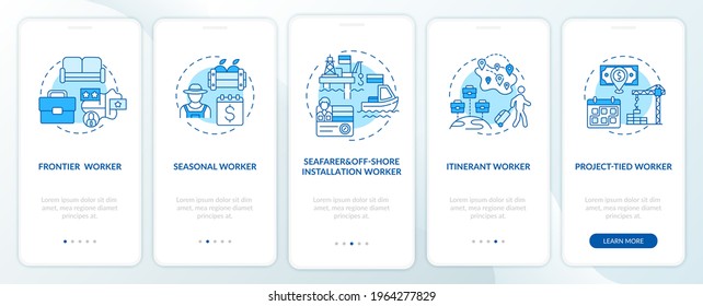 Migrant workers types blue onboarding mobile app page screen with concepts. Immigrants walkthrough 5 steps graphic instructions. UI, UX, GUI vector template with linear color illustrations