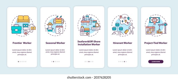 Migrant workers types onboarding mobile app page screen with concepts. Immigrants walkthrough 5 steps graphic instructions. UI, UX, GUI vector template with linear color illustrations