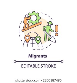 MigrantInnen mehrfarbiges Konzeptsymbol. Ernte. Landarbeiter. Schlechte Arbeitsbedingungen. Handarbeit. Harte Arbeit. Rundform-Illustration. Abstrakte Idee. Grafikdesign. Einfach zu bedienen