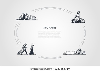 Migrants - people with bags migrating and sitting on streets vector concept set. Hand drawn sketch isolated illustration