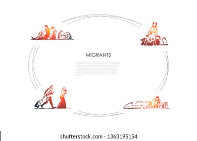 Migrants - people with bags migrating and sitting on streets vector concept set. Hand drawn sketch isolated illustration