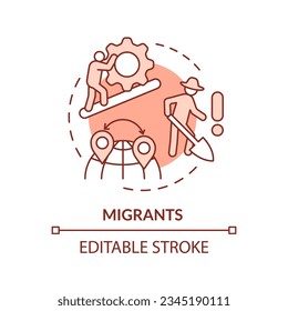 Migrants red concept icon. Harvesting crop. Agricultural worker. Poor working conditions. Manual labor. Hard work. Round shape line illustration. Abstract idea. Graphic design. Easy to use